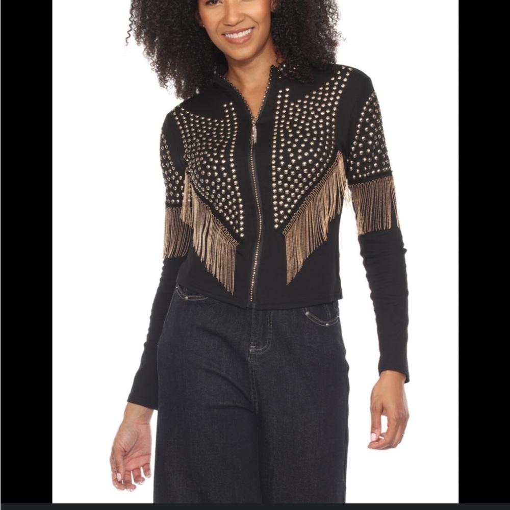 A.Z.I Studded Zip Up Fringed Jacket Size M NWT